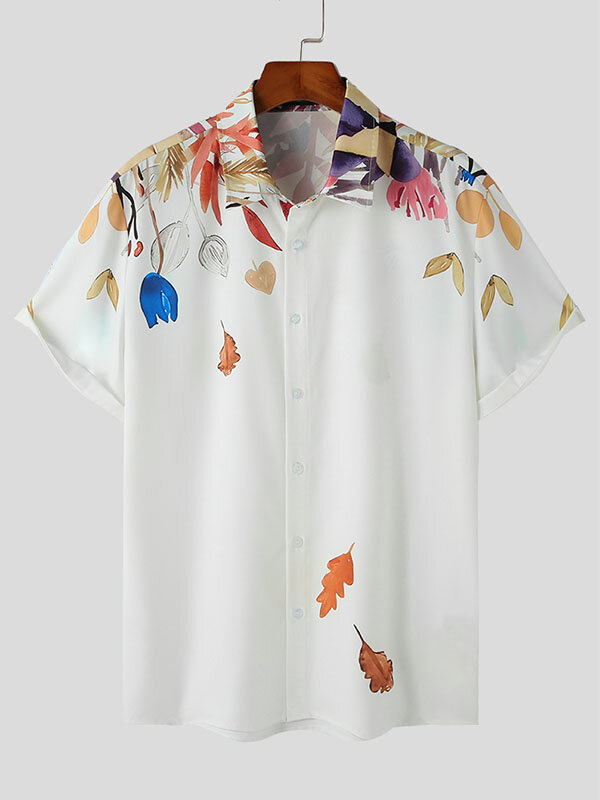 Mens Colorful Floral Print Lapel Short Sleeve Shirt