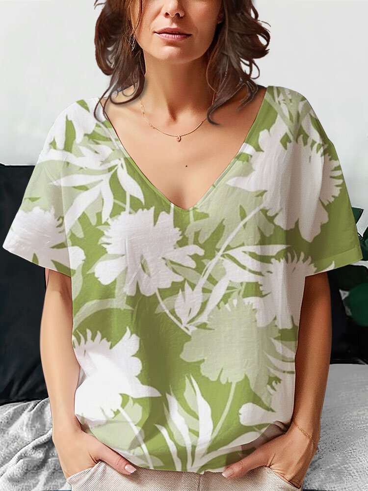Women Floral Plant Print V-Neck Short Sleeve Vacation T-Shirt
