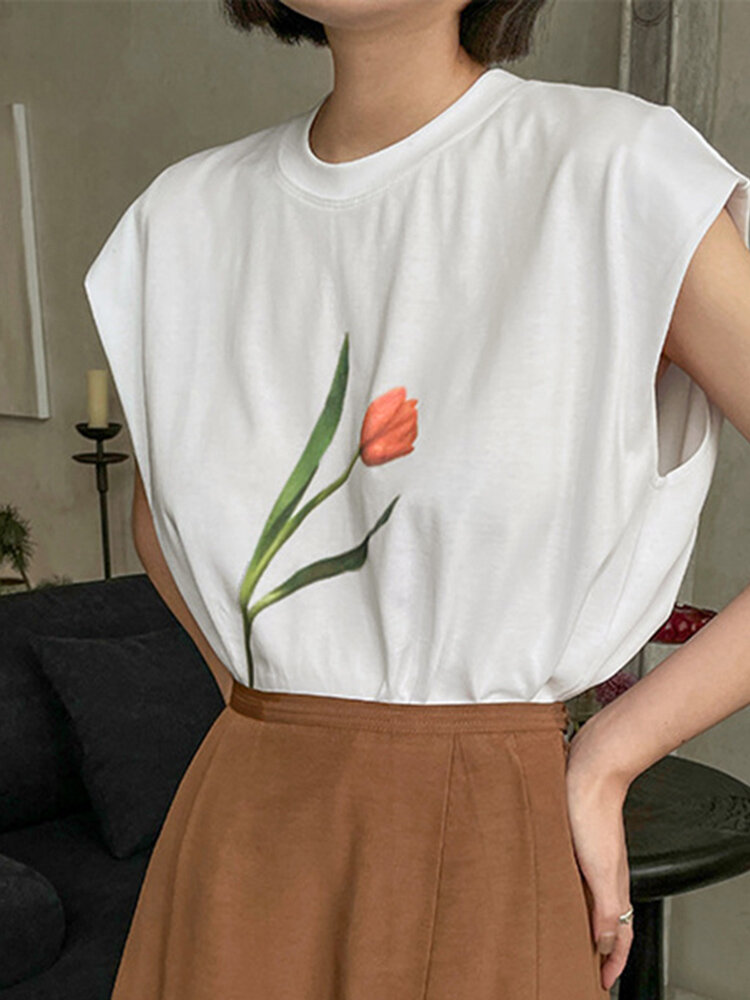 Rose Print Crew Neck Short Sleeve Casual Women T-shirt