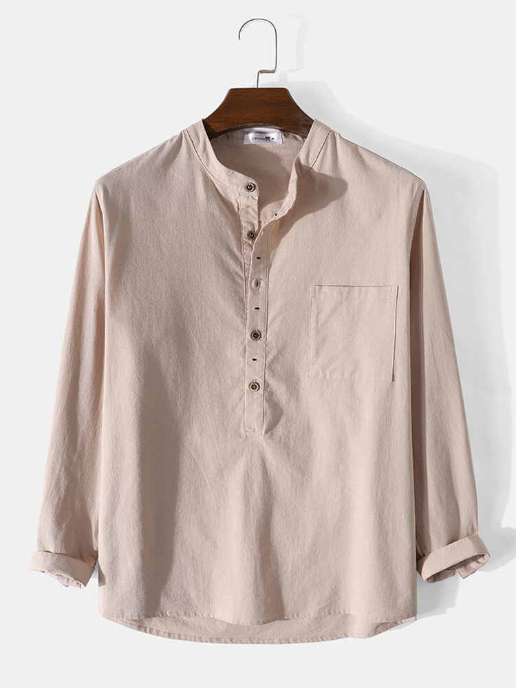 Mens 100% Cotton Plain Button Long Sleeve Henley Shirt