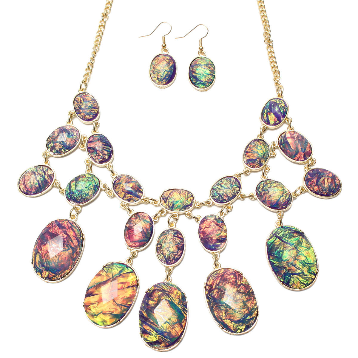 Crystal Oval Bib Bubble Necklace Earrings Jewelry Set