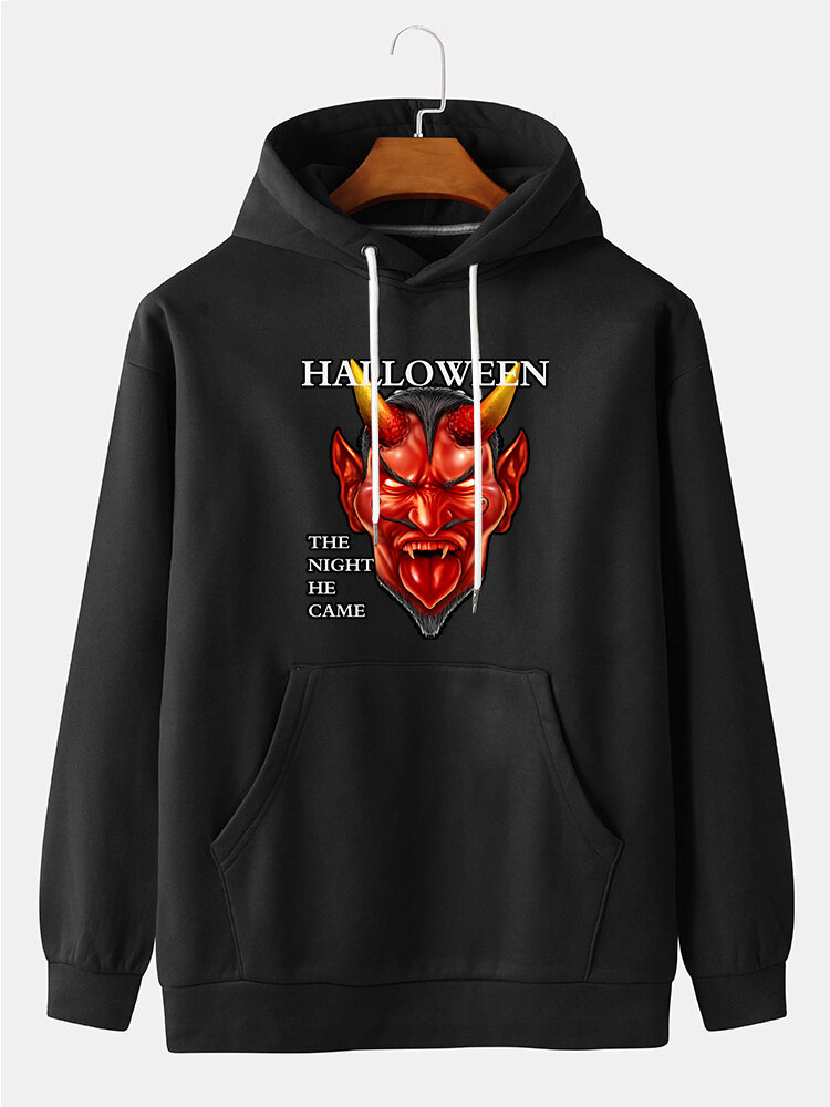 

Mens Halloween Devil Letter Chest Print Relaxed Fit Pullover Hoodies With Kangaroo Pocket, Apricot;black;orange;grey