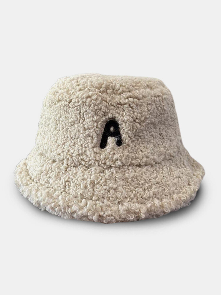 Unisex Teddy Cashmere Letter Patch Thickened Autumn Winter Warmth Fashion Bucket Hat