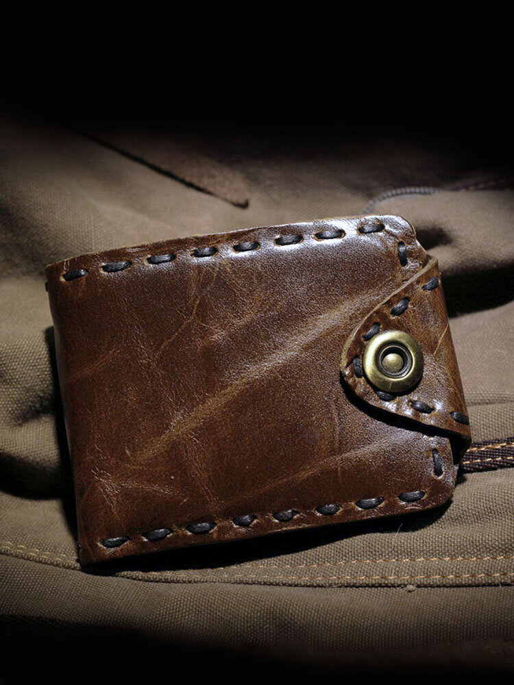 Men Cowhide Leather Vintage Stitching Bi-fold Wallet Multi-card slot Short Durable Wallet