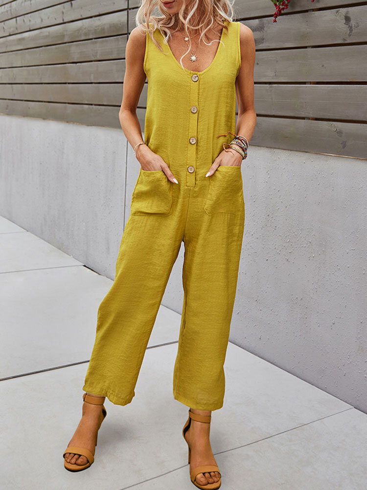 Casual Solid Button Front Pocket Jumpsuit for Women