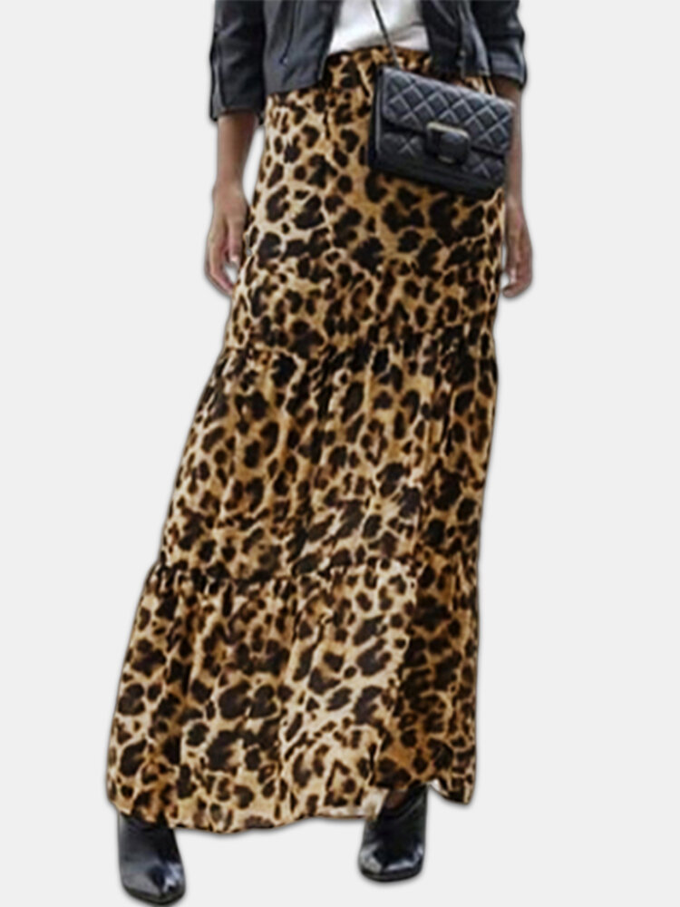 Leopard Print Elastic Waist Plus Size Maxi Skirt