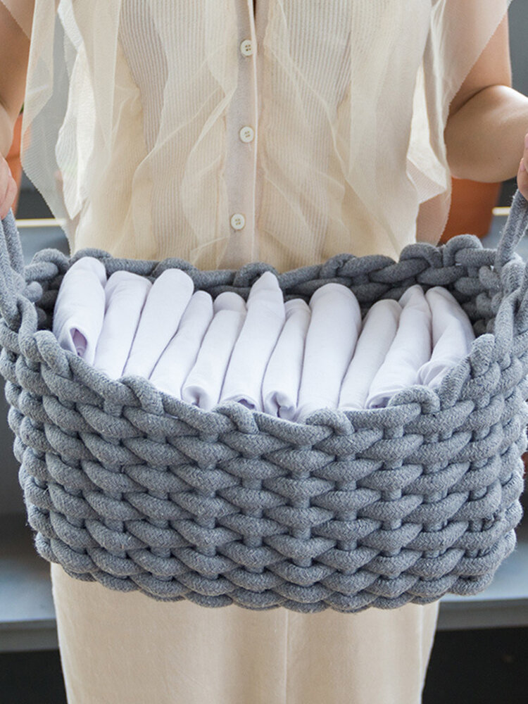 

Hand-woven Cotton Rope Storage Box Simple Storage Basket Snack Key Desktop Debris Basket, Beige;grey