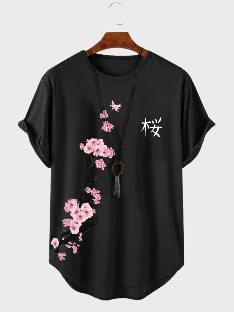 メンズ 日本の桜プリント クルーネック カーブヘム 半袖 Tシャツ