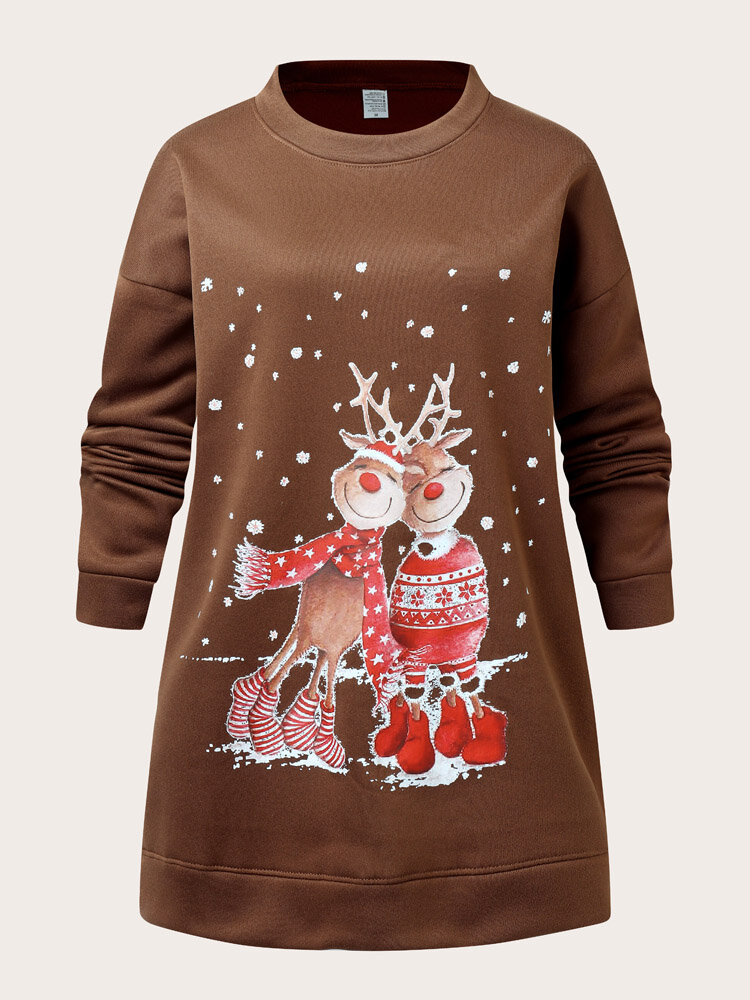 Christmas Cartoon Print Casual O-neck Loose Sweatshirt