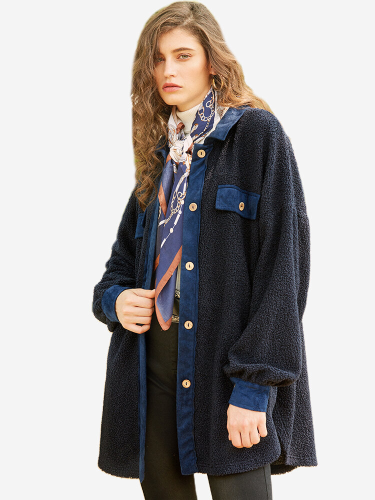 Fleece Patchwork Solid Color Hooded Long Sleeve Coat