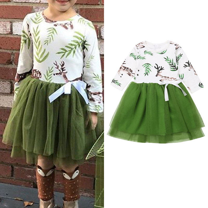 Toddler Girl's Elk Pattern Tulle Patchwork Long Sleeves Casual Dress For 2-9Y