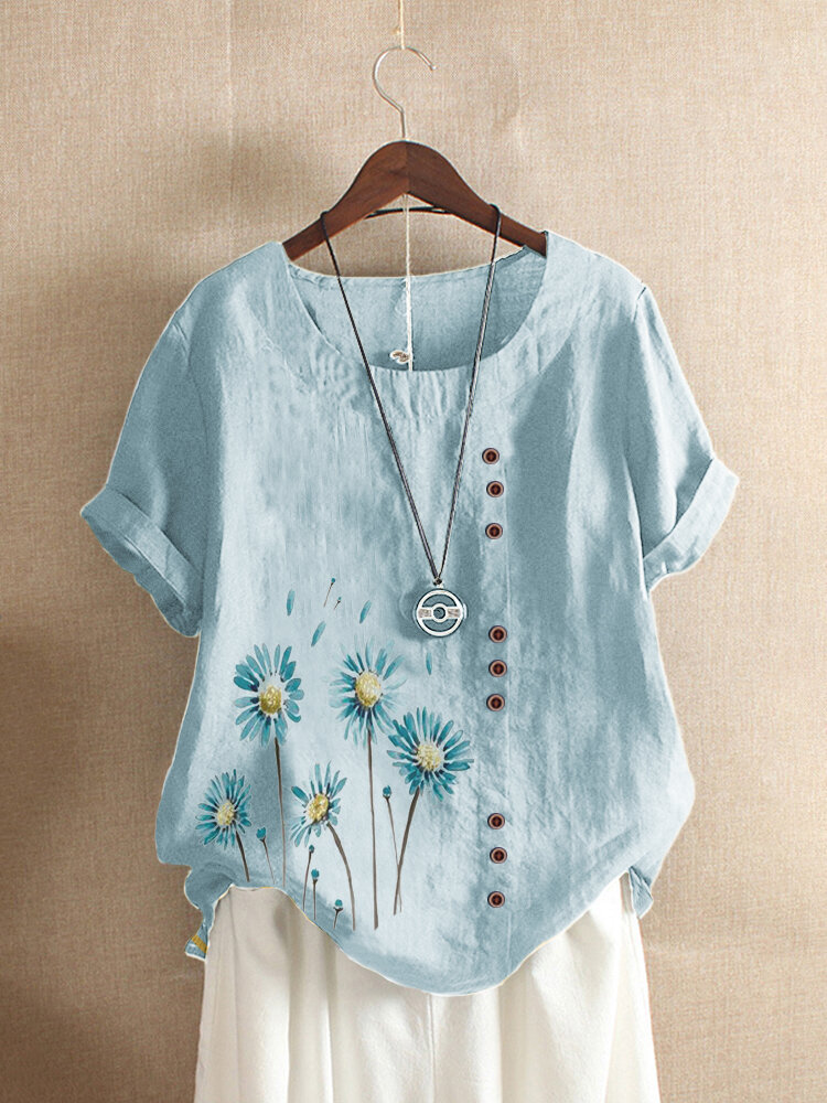 Button Flower Print Short Sleeve T-shirt For Women