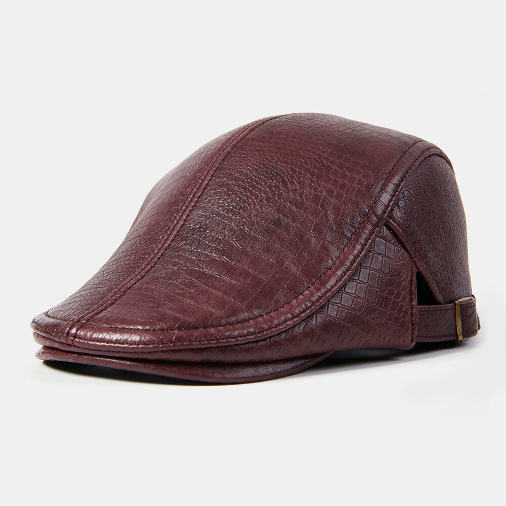 

Collrown Men Genuine Leather Alligator Pattern Retro Casual Solid Keep Warm Winter Forward Hat Beret Hat, Wine red;dark grey