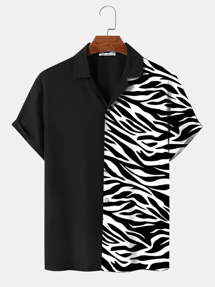 

Mens Zebra Pattern Patchwork Revere Collar Short Sleeve Shirts, Black