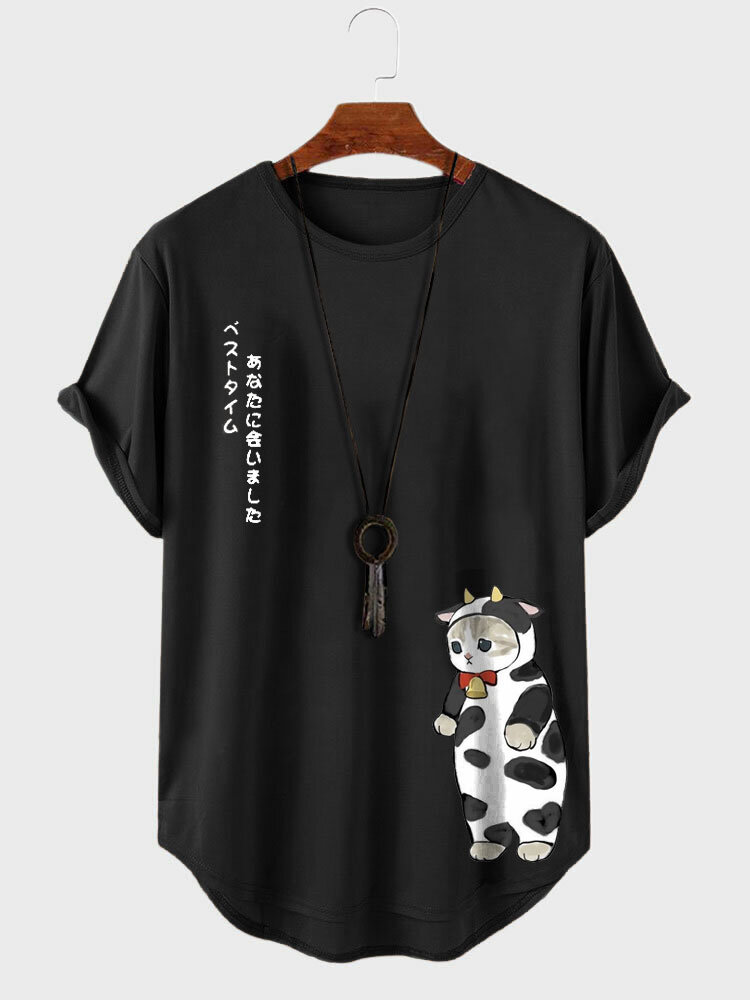 Mens Cute Japanese Cat Print Curved Hem Short Sleeve T-Shirts