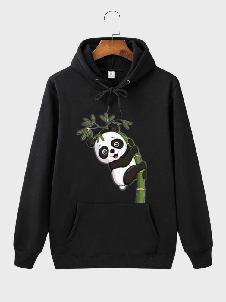 Herren Cartoon Panda Kapuzenpullover mit Bambusdruck, Kängurutasche und Kordelzug