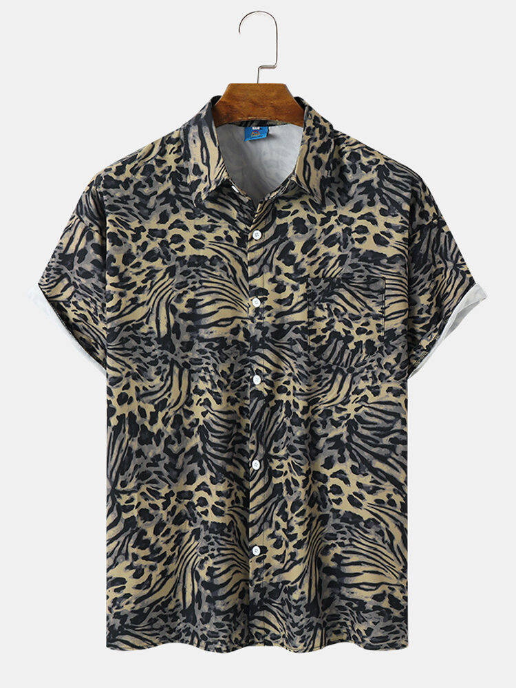 Mens Leopard Print Chest Pocket Button Up Short Sleeve Shirts