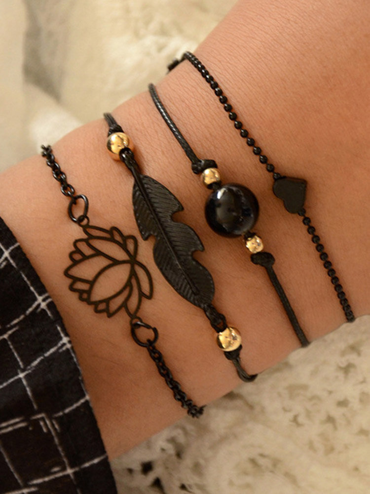 Bracciale con ciondolo di loto cavo geometrico alla moda Perla Black Kit di bracciali fatti a mano