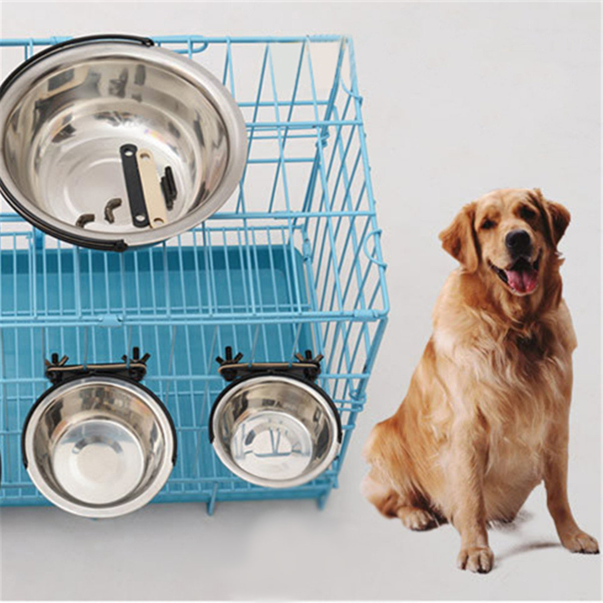 Pet Dog Puppy Stainless Steel Hanging Food Water Bowl Feeder For Crate Cage Coop