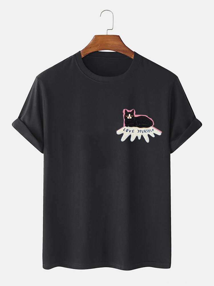 T-shirt a maniche corte da uomo con slogan grafico di gatto dei cartoni animati Collo