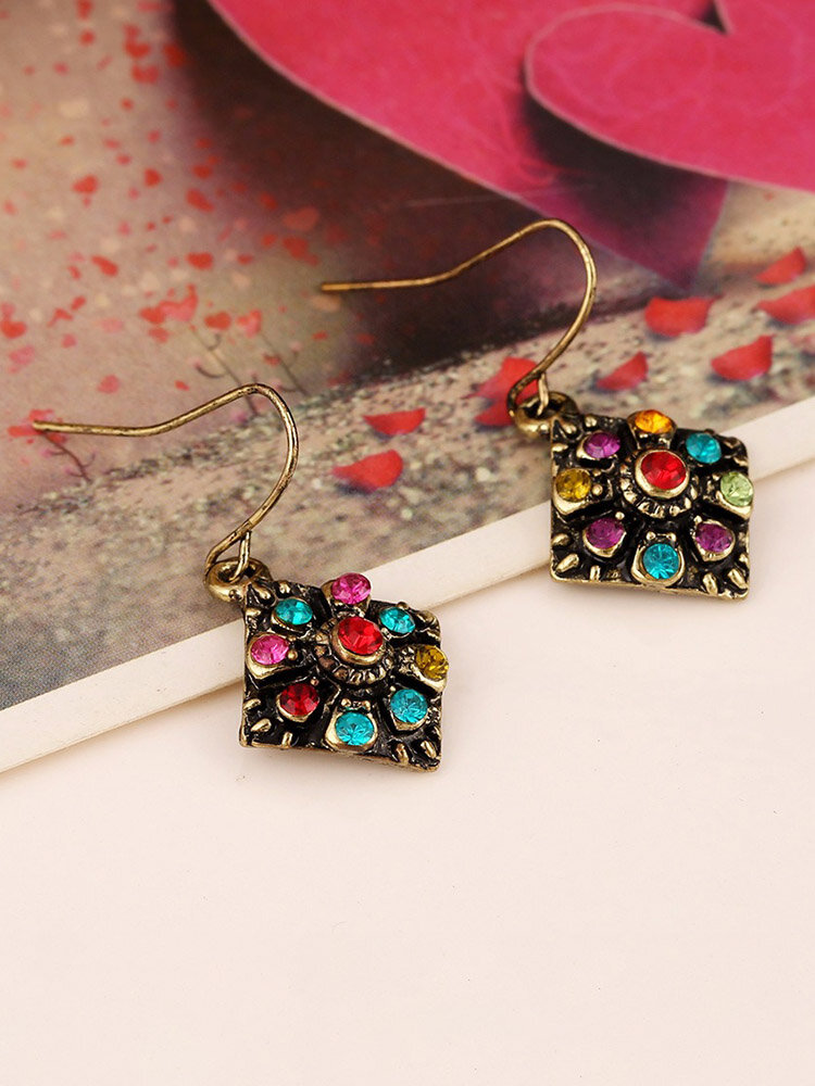 Bohemian Colorful Diamond Ear Drop Square Alloy Rhinestone Earrings For Women
