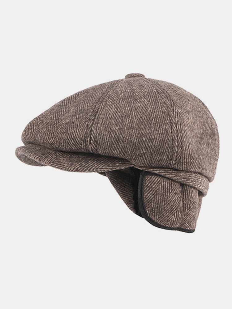 

Men Felt Ear Protection Keep Warm Plain Color Casual Forward Hat Beret Hat Flat Cap