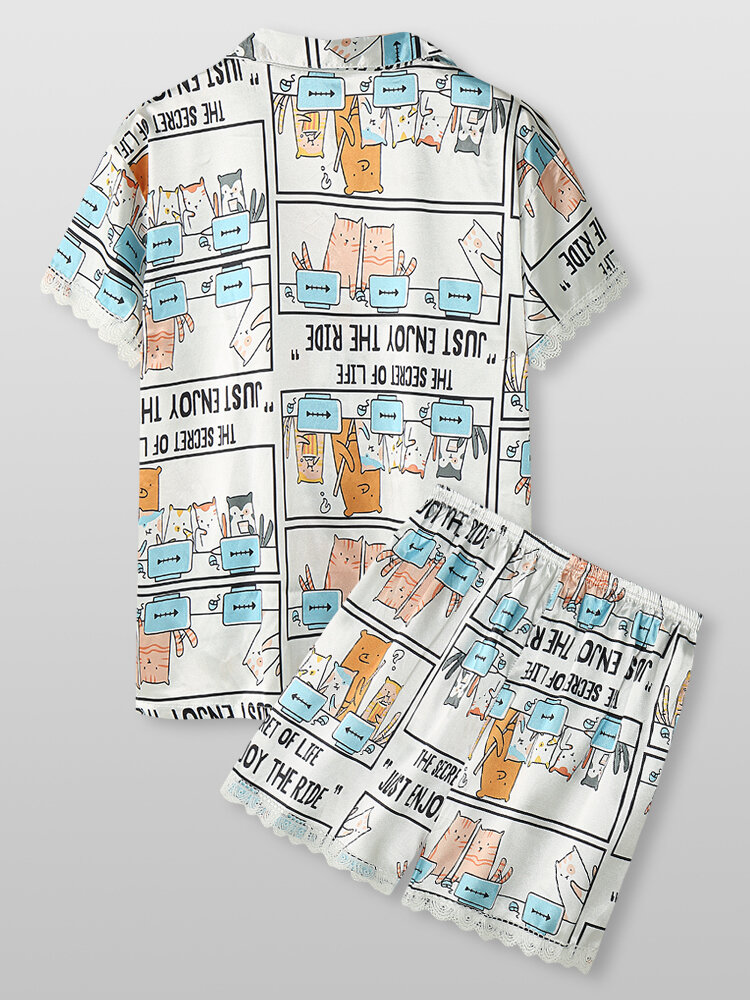 Women Cartoon Cat Letter Print Revere Collar Ice Silk Home Pajama Sets
