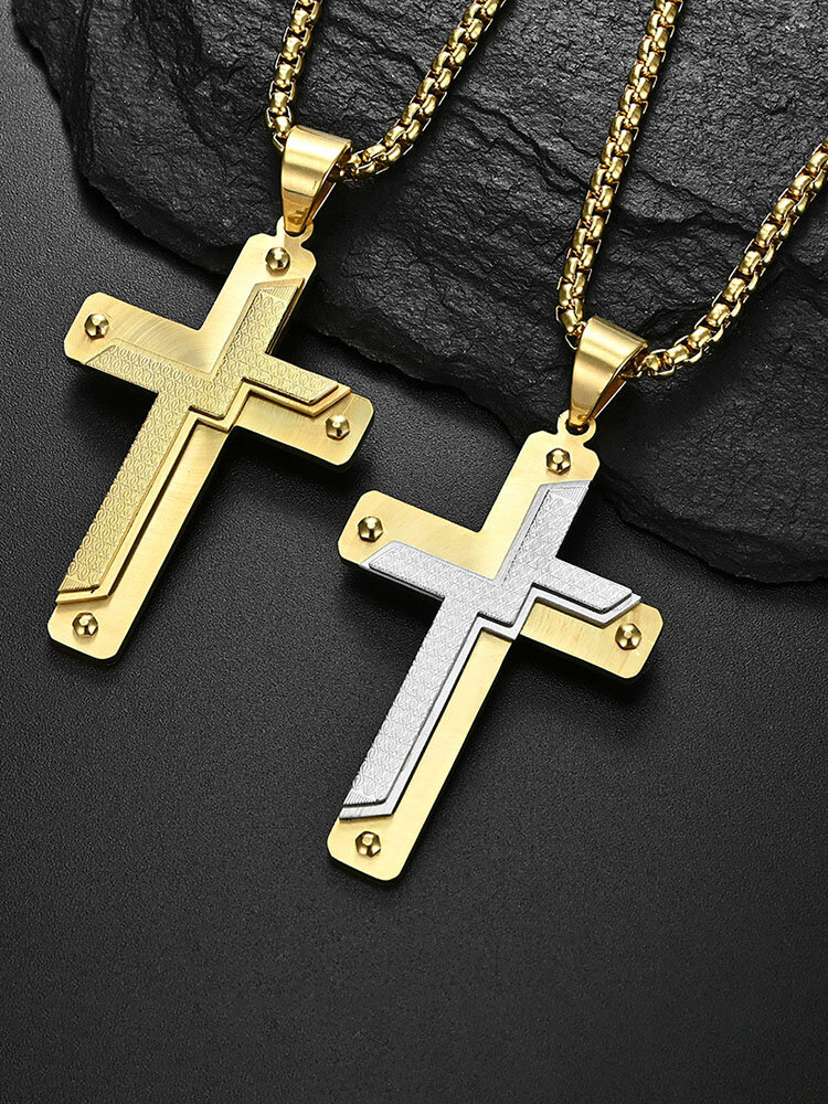 

1 Pcs 18K Gold Plated Titanium Steel Two Color Cross Pendant Punk Men's Necklace, Gold;gold1