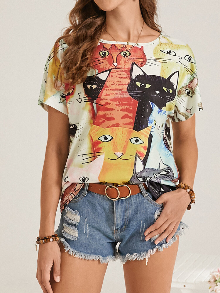 Short Sleeve O-neck Multi-color Cartoon Cat Print Women T-Shirt