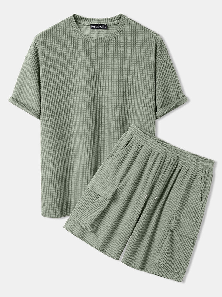

Mens Waffle Big Pocket Shorts Design Drop Shoulder Loose Two Pieces Loungewear, Beige;green;khaki