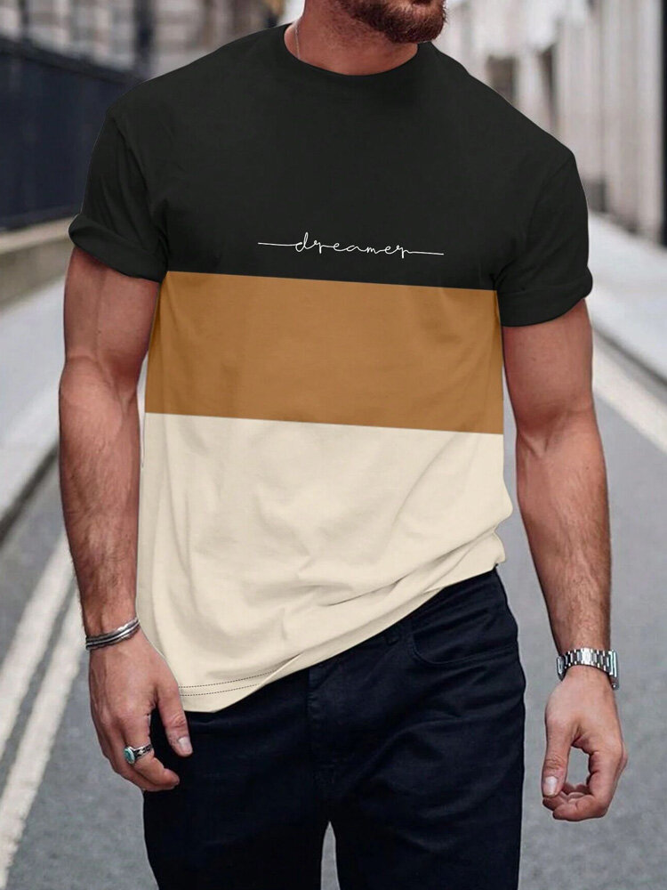 Camisetas informales de manga corta con patchwork y bloques de color con guión para hombre