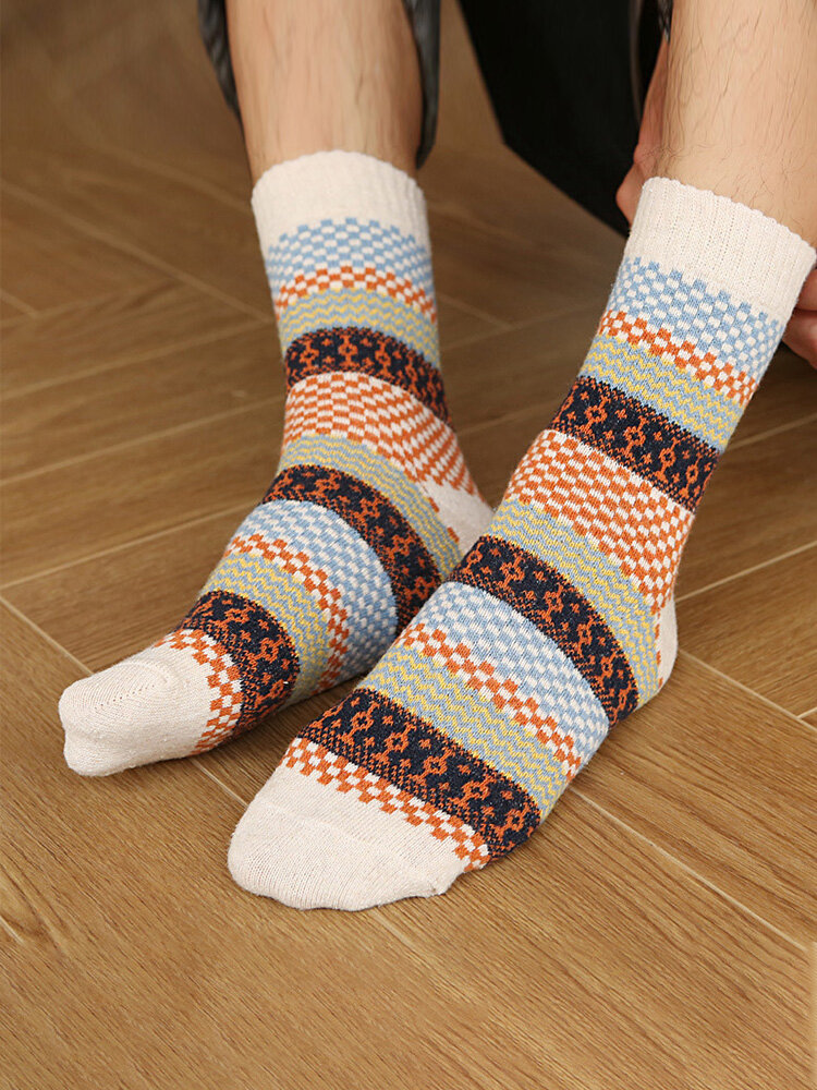 5 Pairs Men Rabbit Wool Blended Geometric Striped Jacquard Thicken Warmth Vintage Socks
