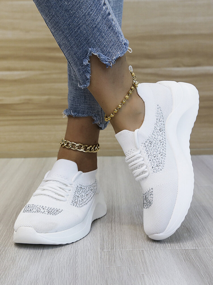 Plus Size Women Casual Breathable Mesh Rhinestone Lace Up White Wedges Sneakers