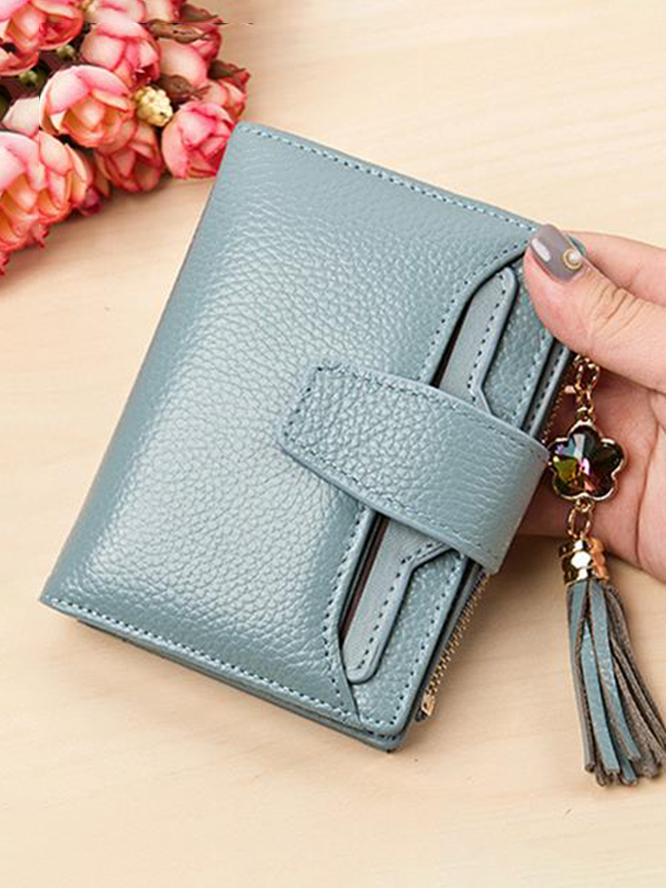 Tri-fold Casual Genuine Leather Purse 19 Card Slot Tassel Short Wallet For Women