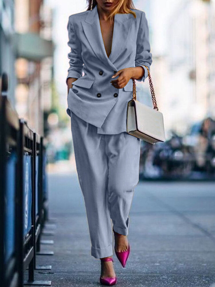 Solid Double Breasted Elastic Waist Lapel Long Sleeve Suit