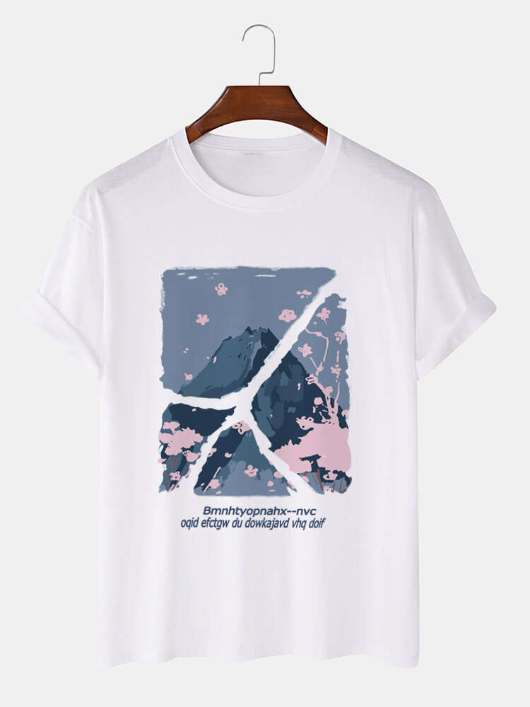 Mens Cherry Blossoms Mountain Graphic Short Sleeve Cotton T-Shirts