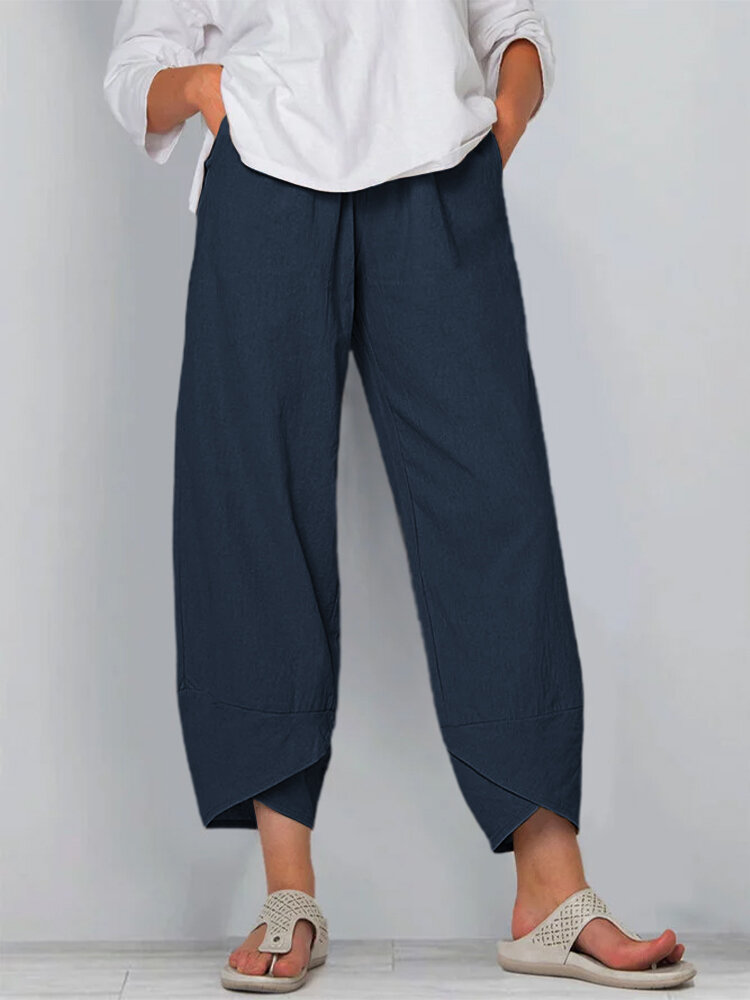 Solid Color Elastic Waist Casual Pants For Women