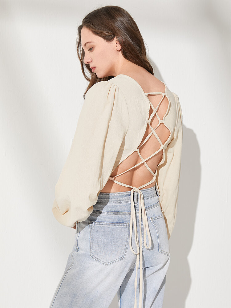 Solid Backless Lace Up Back Long Sleeve Crew Neck Blouse