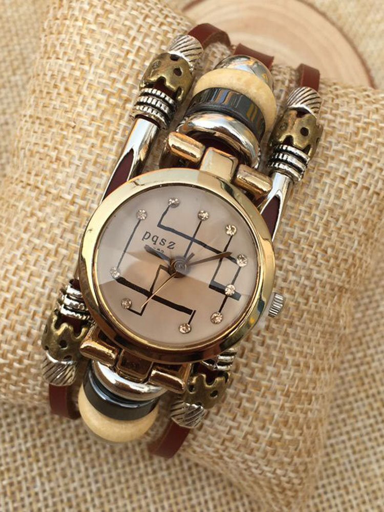Vintage Multilayer Couple Bracelet Watch Adjustable Cowhide Alloy Clasp Quartz Watch