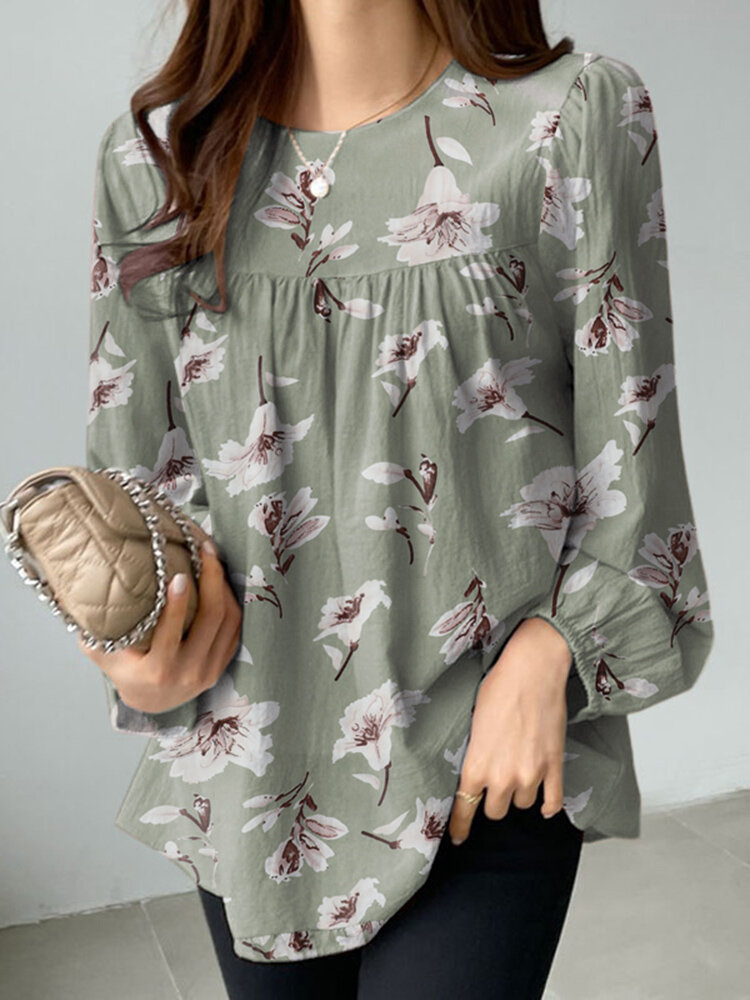 

Women Allover Floral Print Crew Neck Long Sleeve Blouse, Apricot;green;black