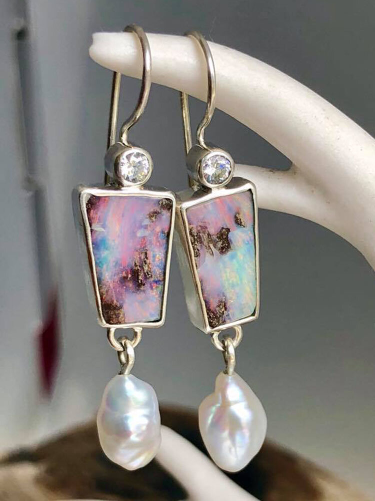 Vintage Alloy Geometric-shape Colorful Opal Pearl Earrings Earrings
