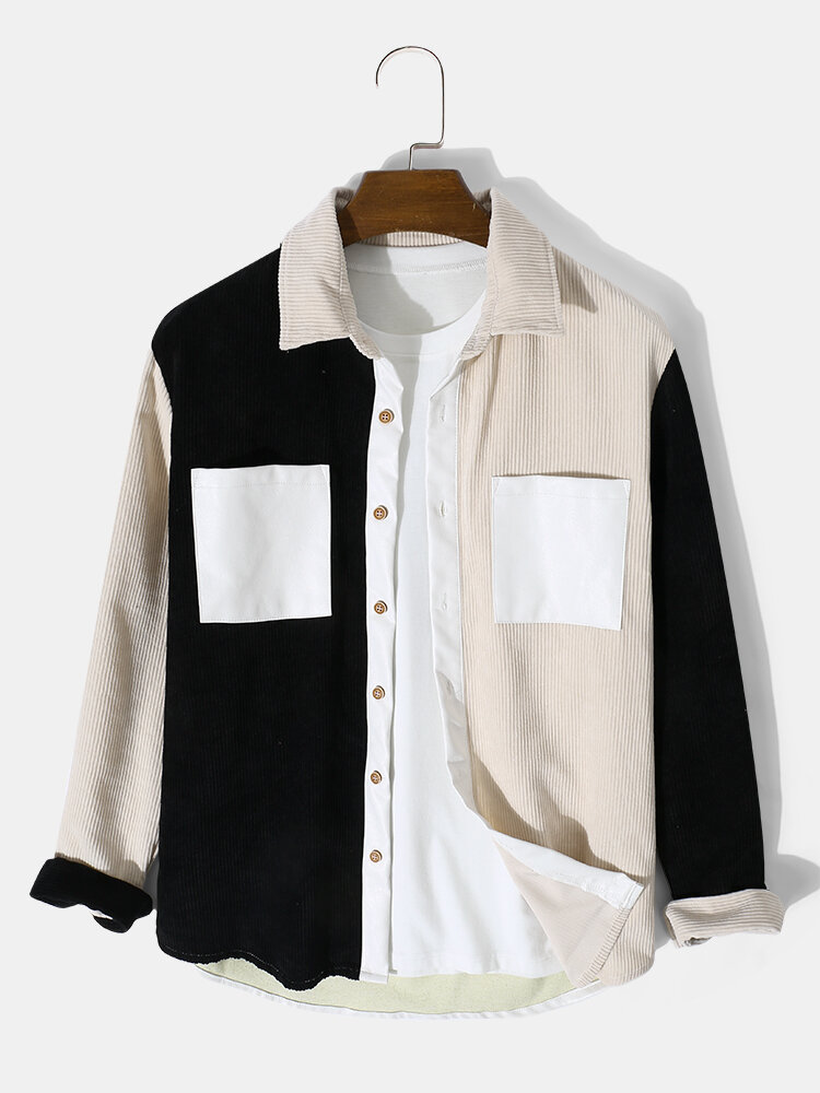 Chaqueta informal de manga larga con bolsillo para hombre, de pana, colores contrastantes, patchwork, Camisa