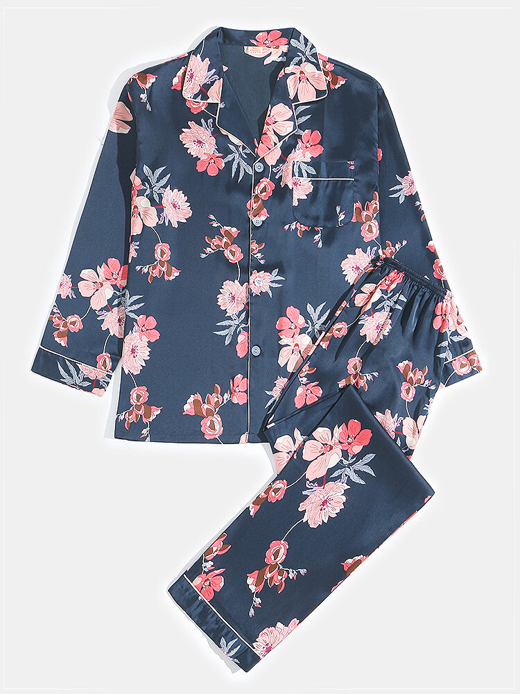 Mens Floral Painting Print Button Lapel Homewear Pajamas Set With Pocket