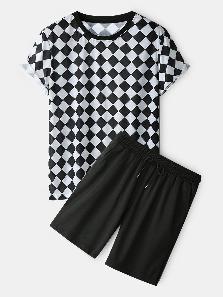 Mens Checkered Crew Neck Preppy Cotton Short Two Pieces Outfits