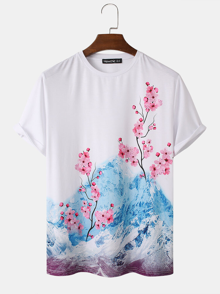 Mens Cherry Blossom & Iceberg Landscape Pattern Short Sleeve Street White T-Shirt