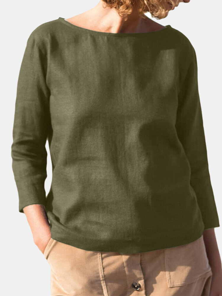 Solid Long Sleeve Casual Crew Neck Blouse For Women