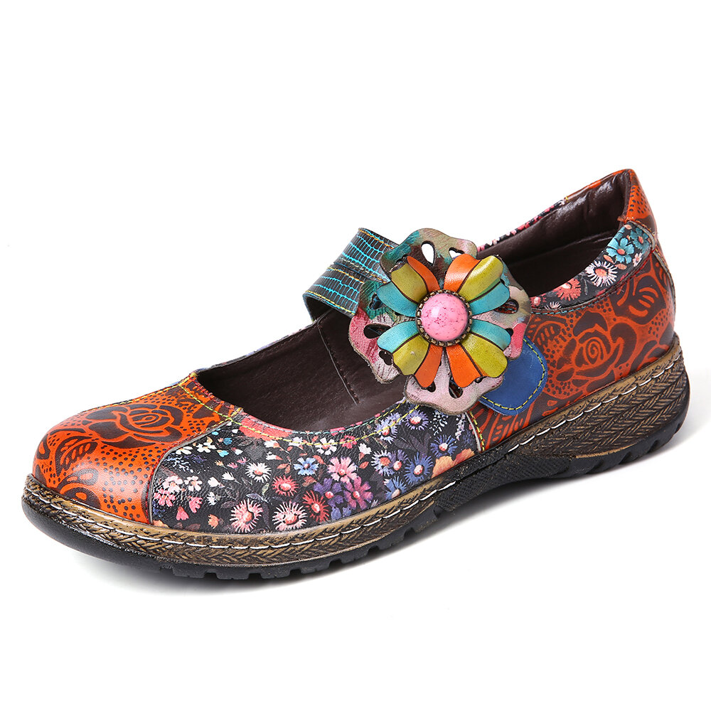SOCOFY Retro Embossed Small Flower Splicing Floral Genuine Leather Flat Shoes