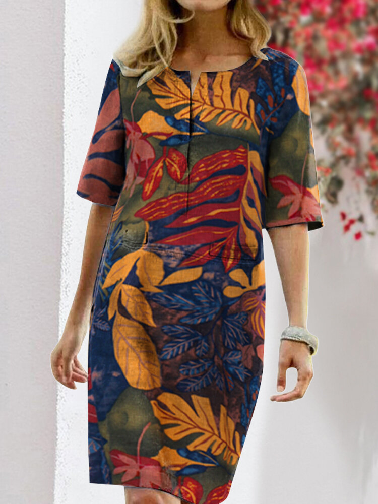 Половина рукава с разрезом и круглым вырезом с цветочным принтом Винтаж Платье