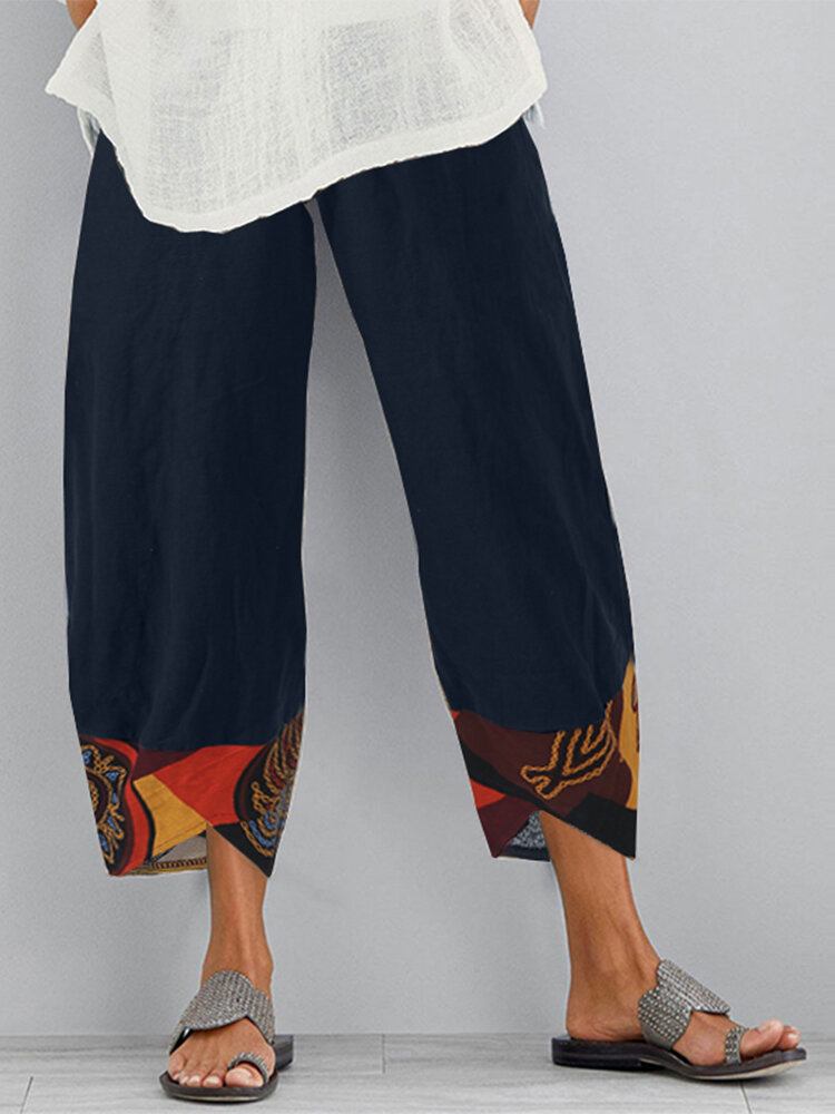 Tasche elastiche in vita patchwork stampa vintage Plus Taglia Pantaloni