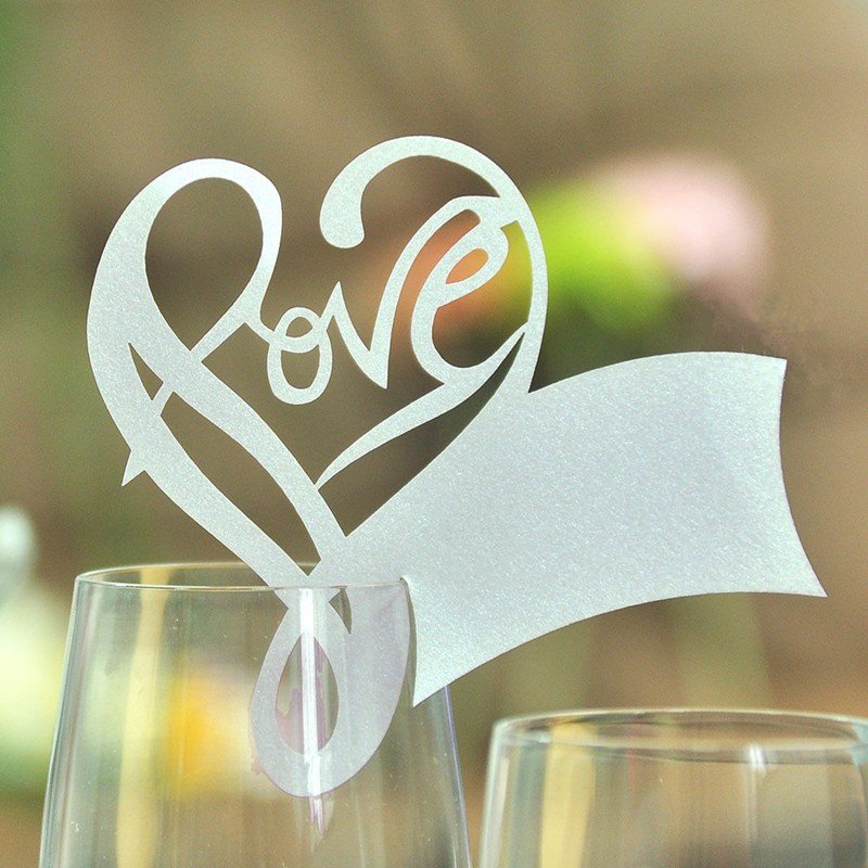 Heart Wedding Name Place Cards For Wine Glass Laser Cut On Pearlescent Card BH